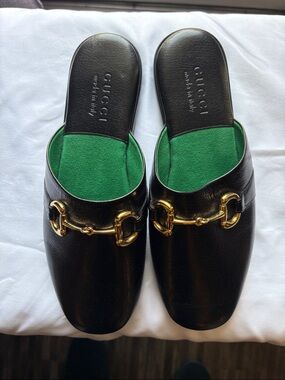 Gucci Black Leather Horsebit slippers with Green Insole